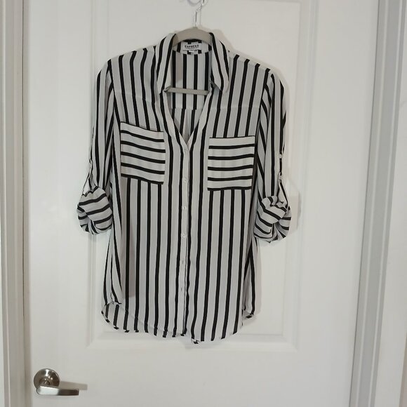 Express Portofino Shirt Women’s Medium Black White Stripe Button Front Blouse - Picture 2 of 8